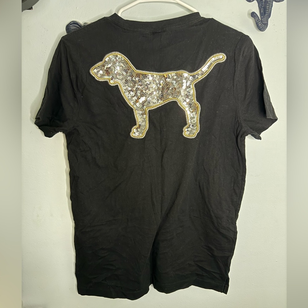 Victoria's Secret Black Tee with Gold and Silver Sequin Dog